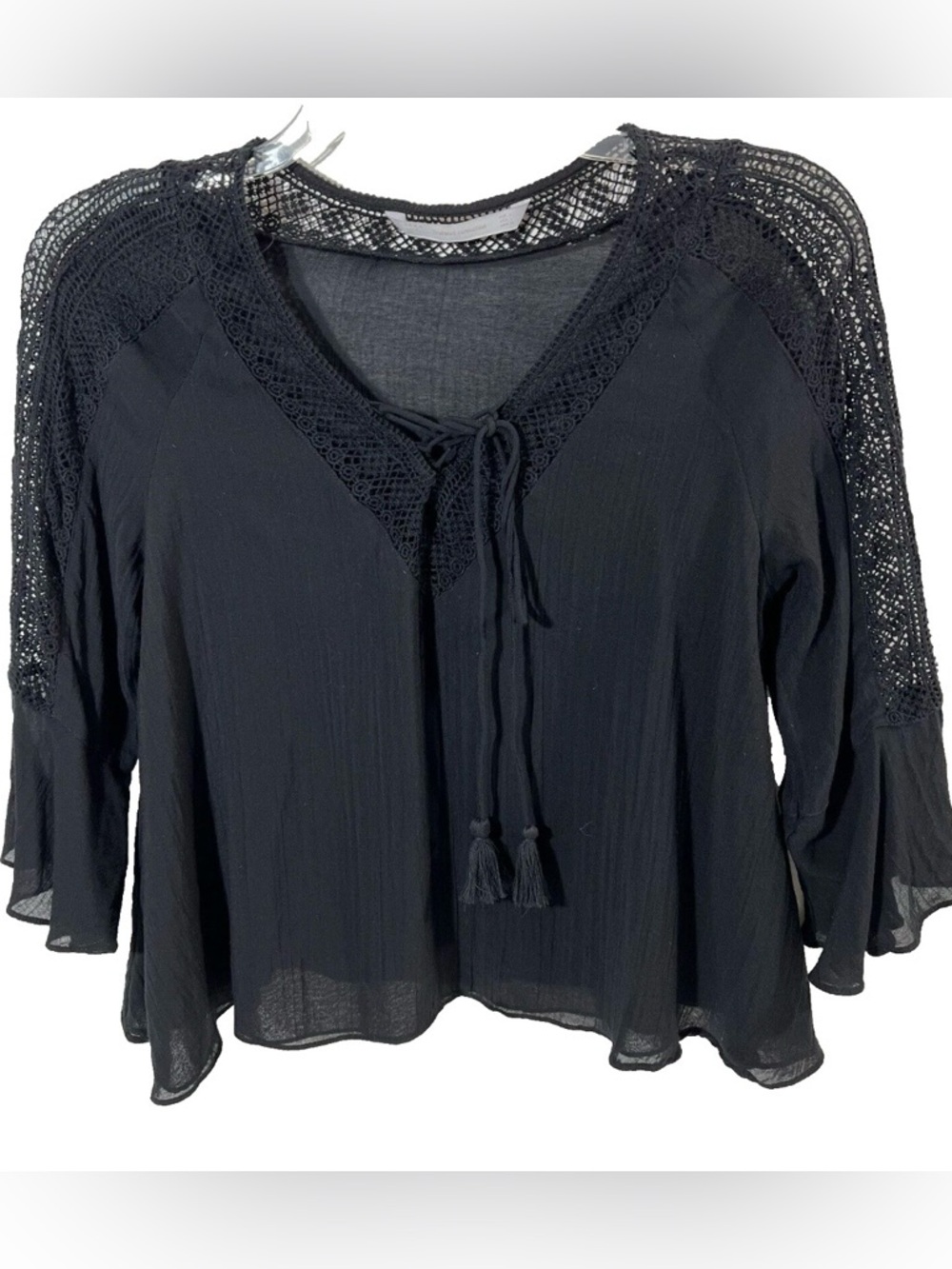 Zara Black Crochet-Shoulder V-Neck Tassel Blouse